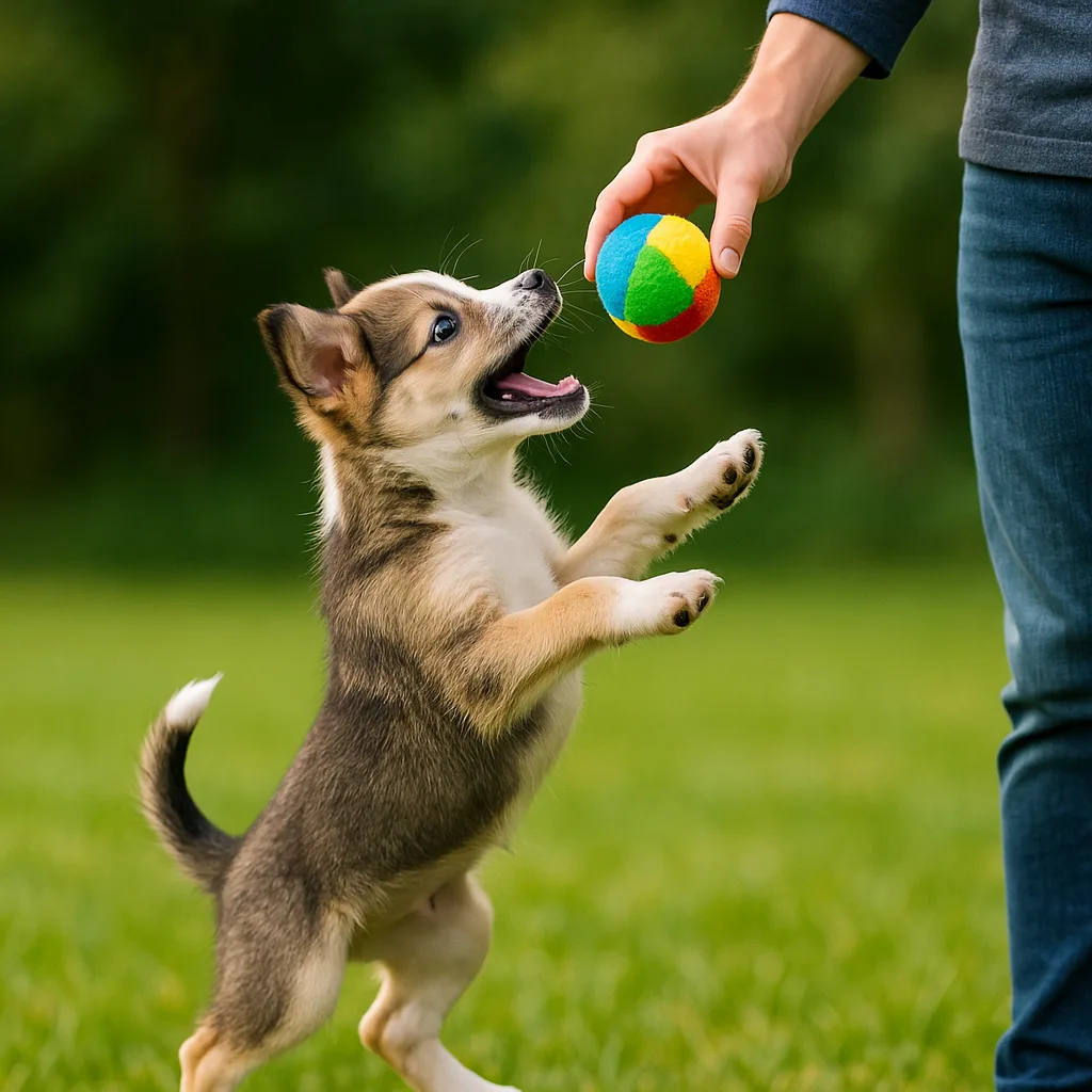 Cheerful Young Dog Jumping Excitedly Toward a Vibrant Ball