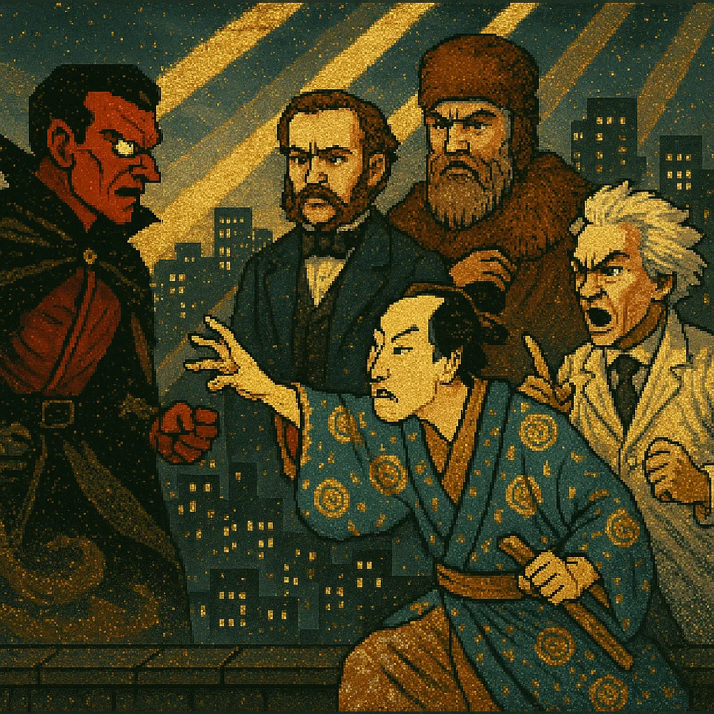 Pixel-art Villain Confronts a Ukiyo-e Trickster Mid-reach