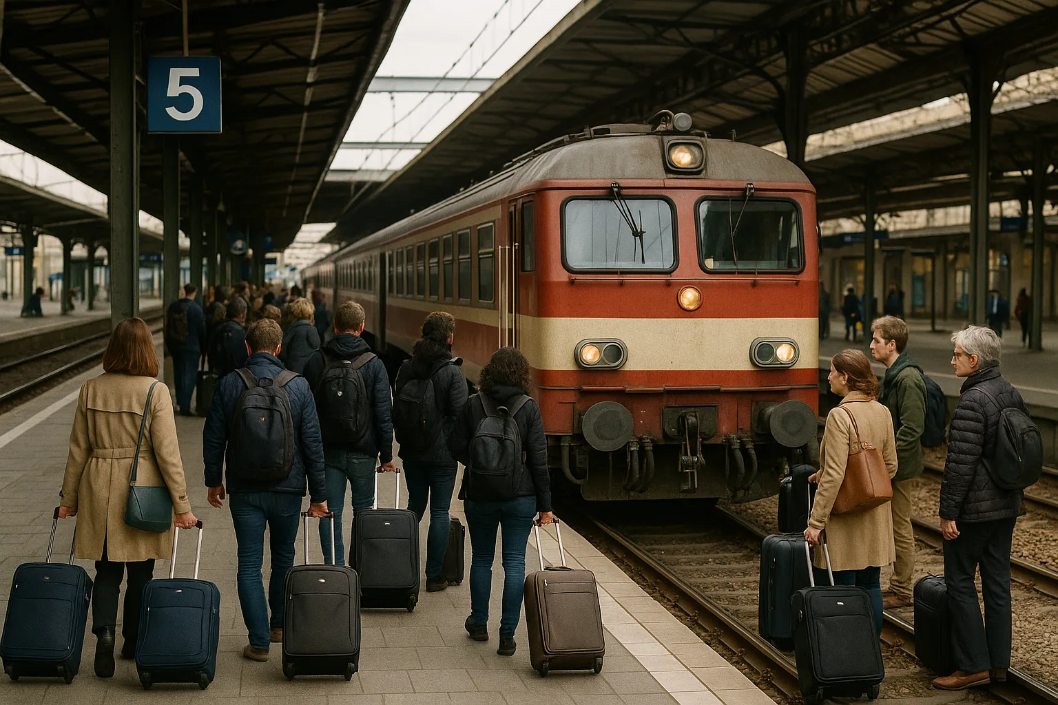 Passengers with Suitcases Assemble Close to a Stationary Train