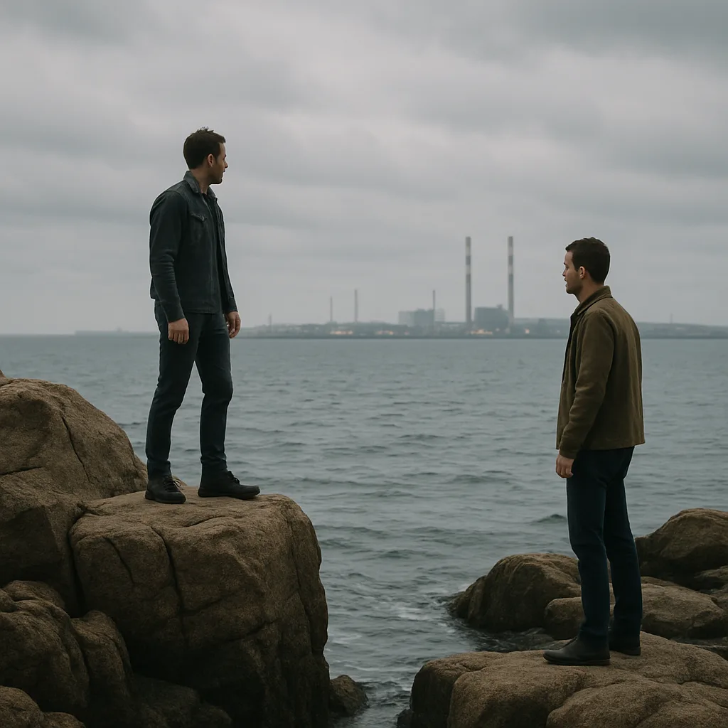 Two Men Standing on Rocky Outcrops by the Sea