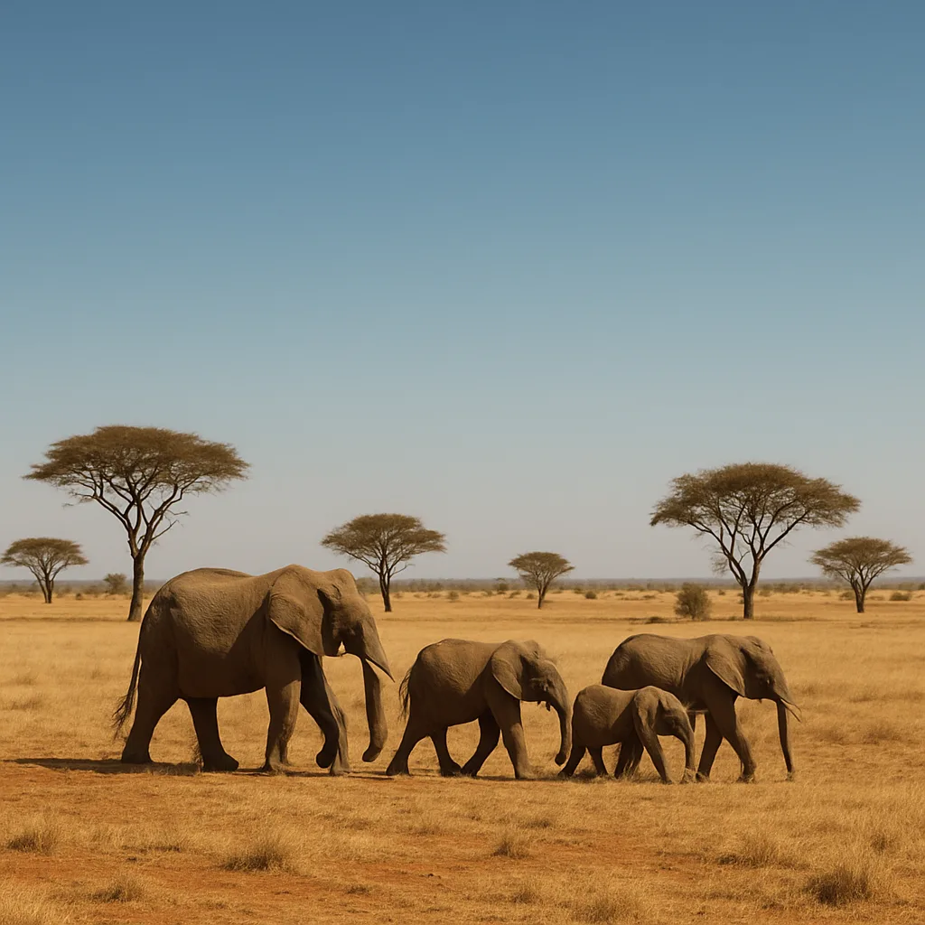 Small Herd of Elephants Traverses a Vast