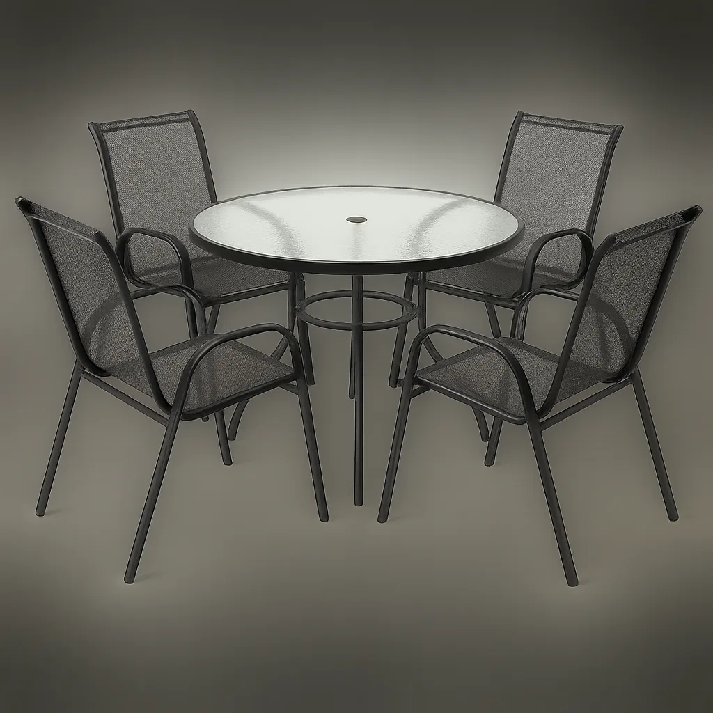 Glass-top Table Surrounded by Four Metal-framed Chairs with Mesh Seating