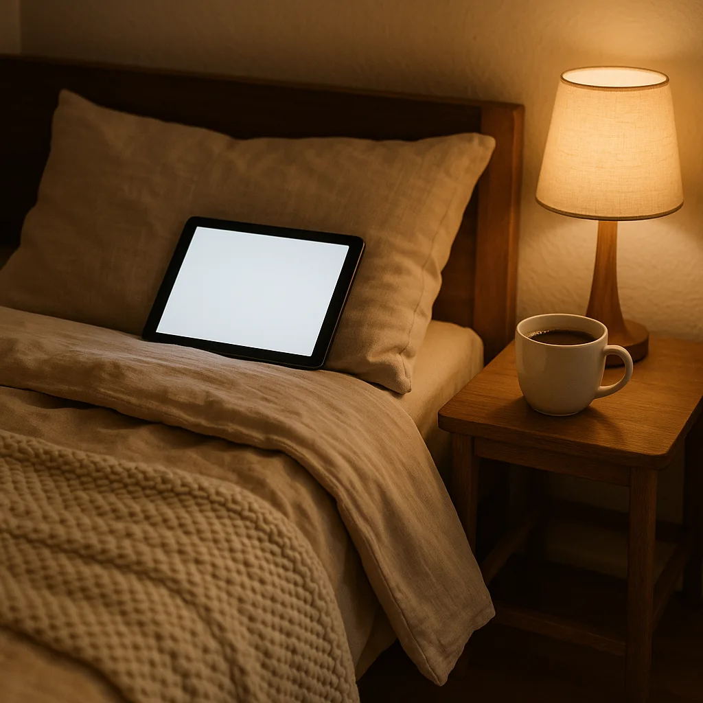 Comfortable Bedroom Setting Showcasing a Bed with a Tablet Resting