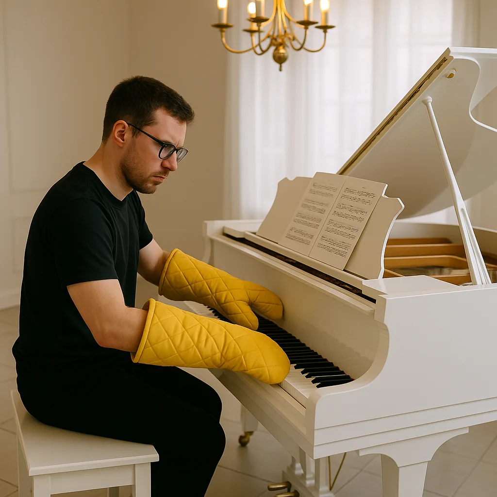 Man Attempts to Play a Pristine White Grand Piano