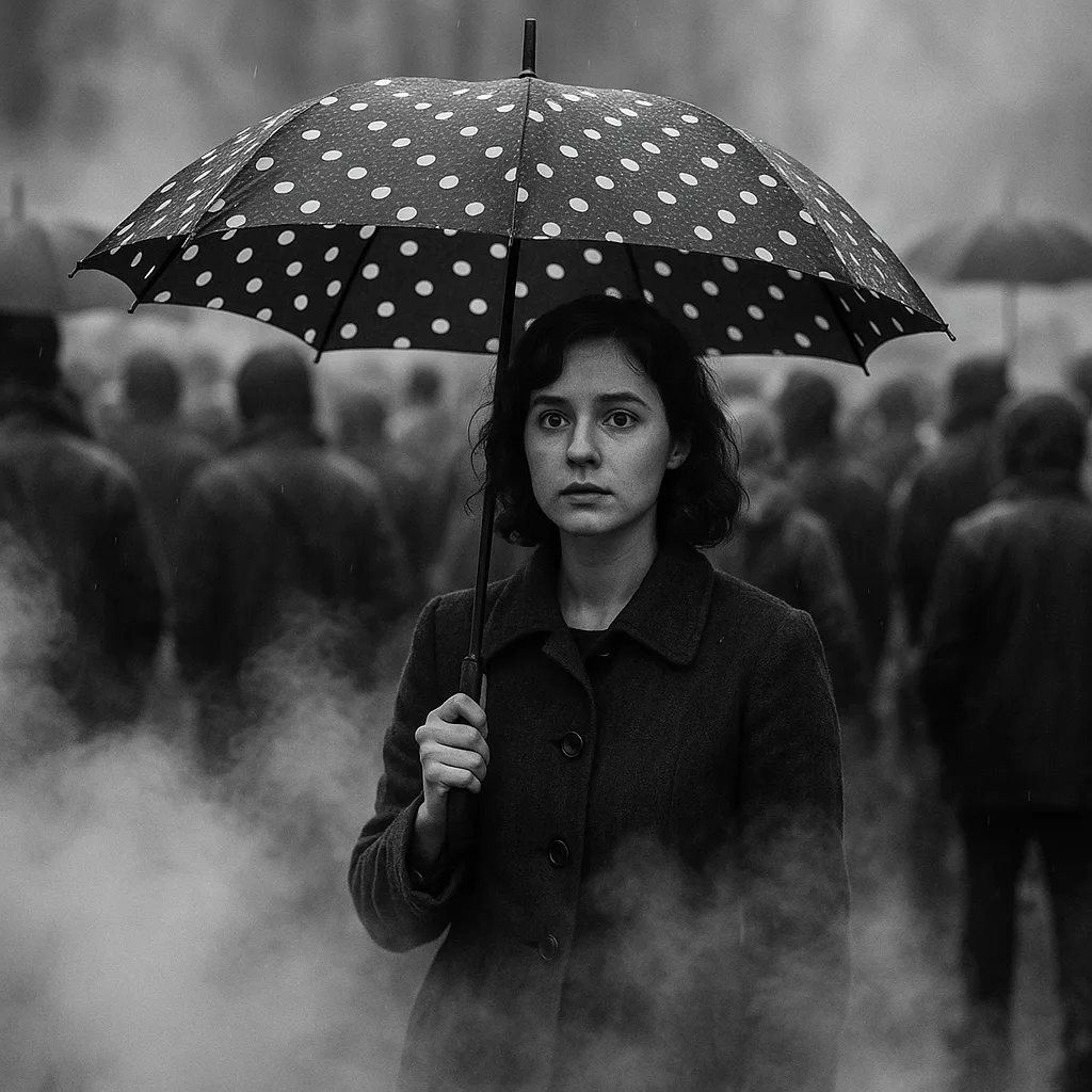 Woman Holding a Polka Dot Umbrella Stands Amidst a Crowd