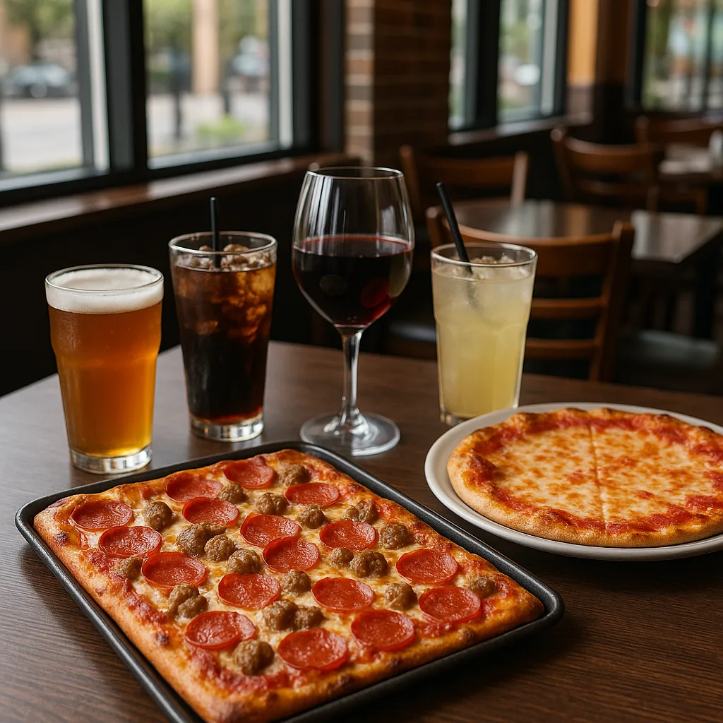 Table with Various Beverages and Pizzas