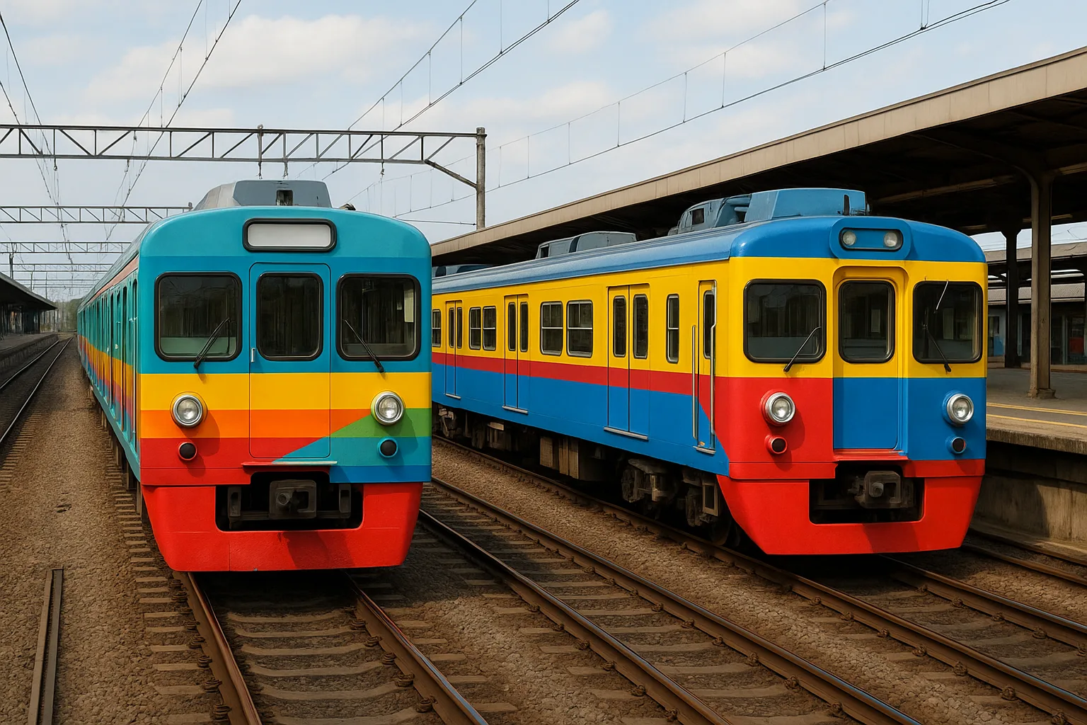 Two Colorful Commuter Trains Stopped at a Railway Station
