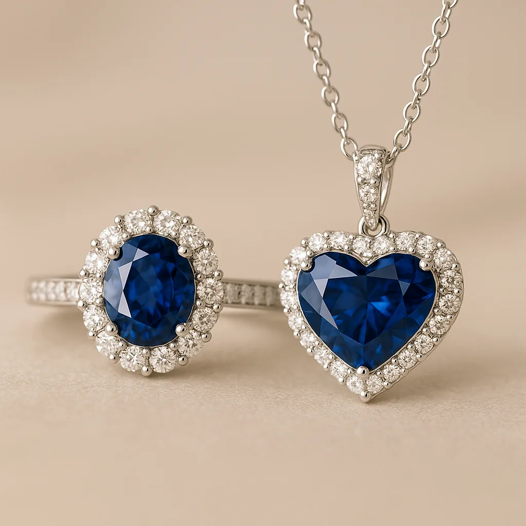 Engagement Ring with a Sapphire and a Necklace Featuring