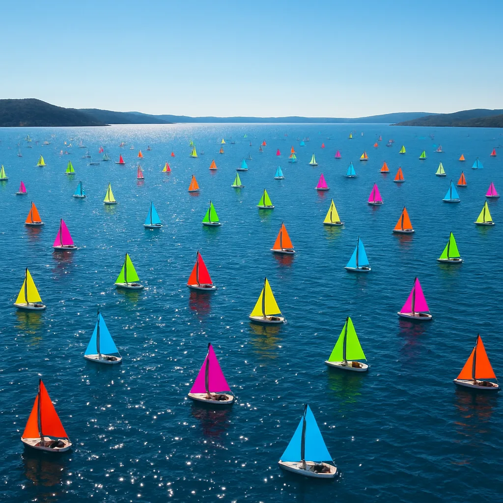 Myriad Tiny Boats with Colourful Sails Drift Across an Immense