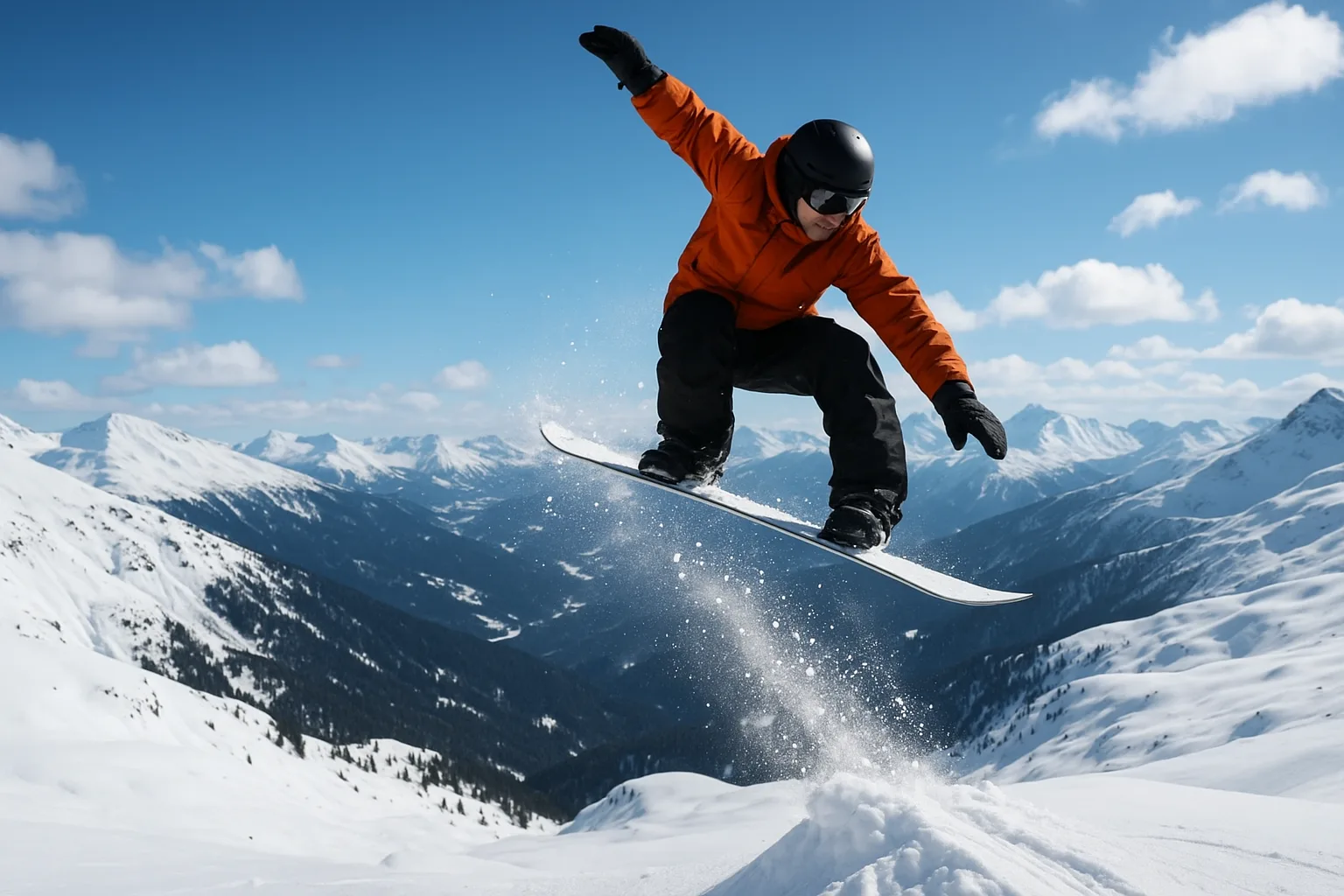 Snowboarder Performing a Mid-air Jump over a Snowy Mountain Landscape