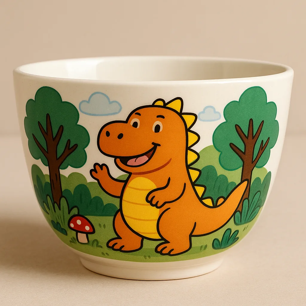 Ceramic Bowl Showcasing a Joyful Cartoon Dinosaur