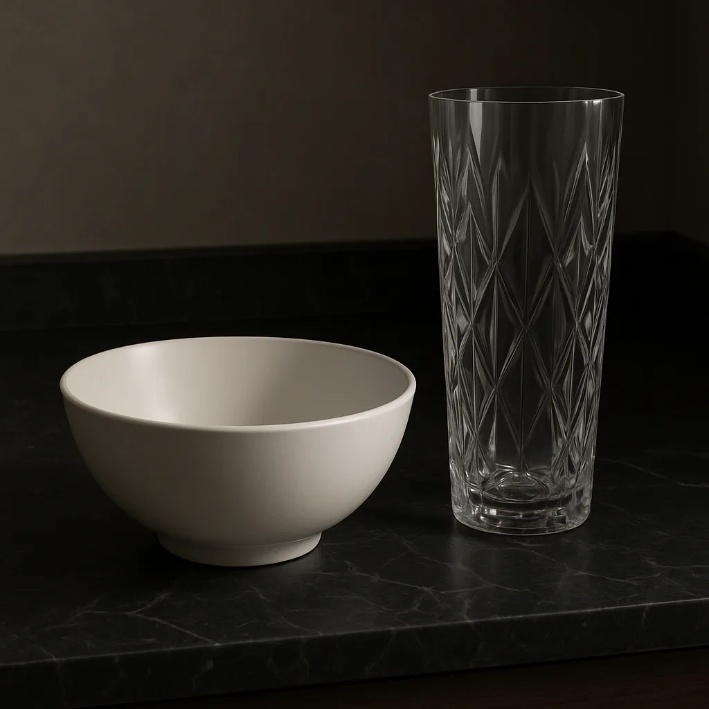 Immaculate White Bowl Rests Unoccupied on a Dark Marble Counter