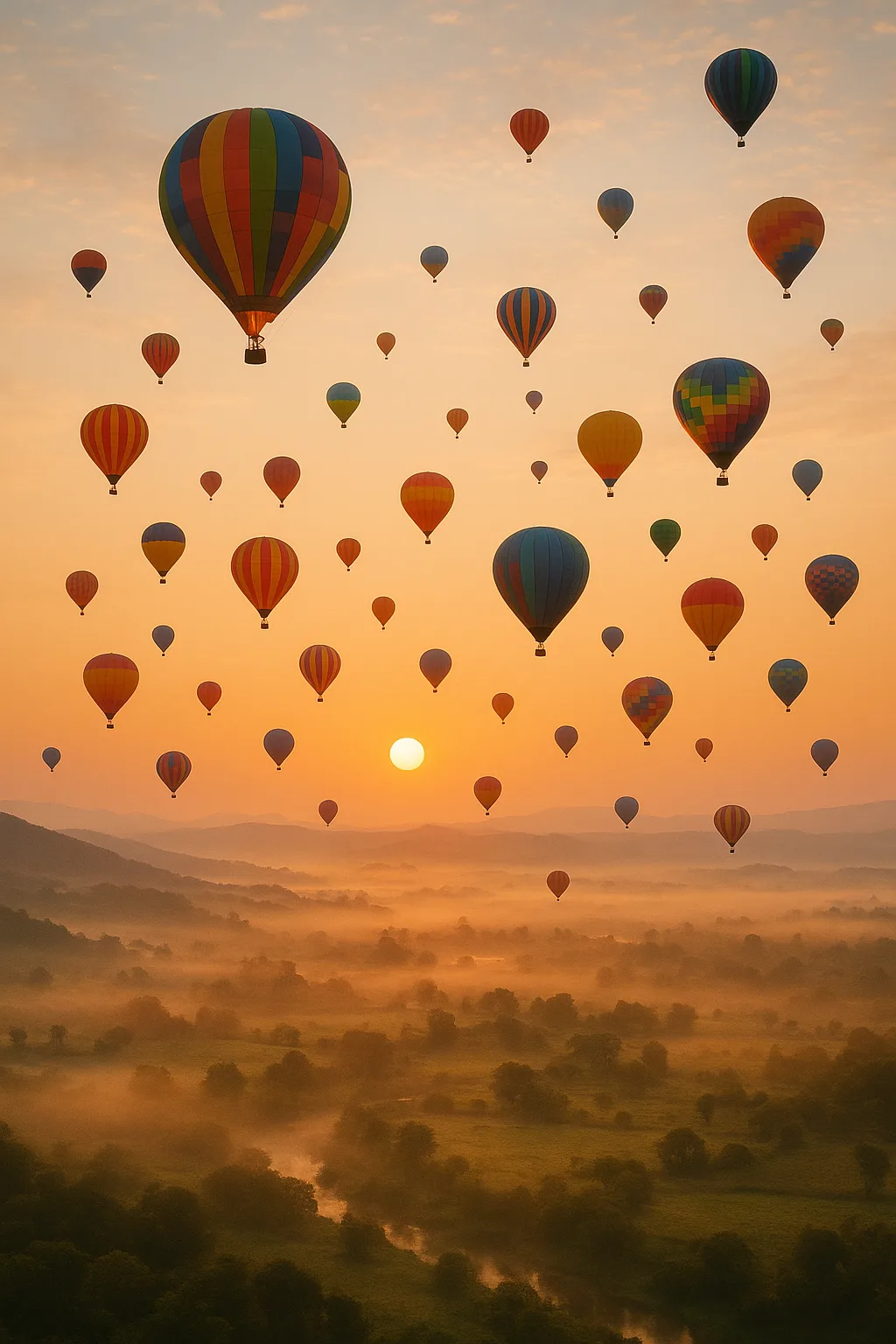 Many Colorful Hot Air Balloons Drift Serenely Upwards