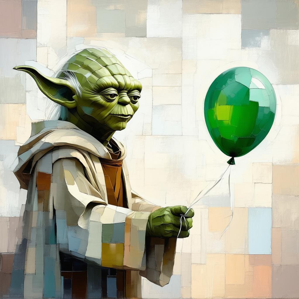 Cubist Yoda Holding a Green Balloon