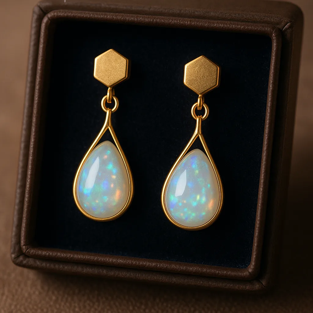 Teardrop Earrings Featuring Hexagonal Studs and Lustrous Opalescent Pearls