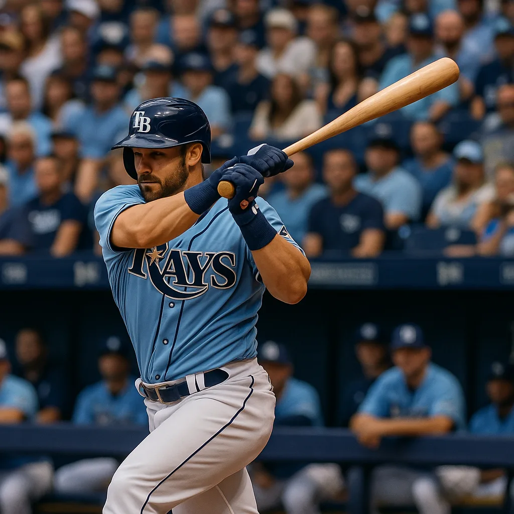 Baseball Player in a Rays Uniform Swings at a Pitch
