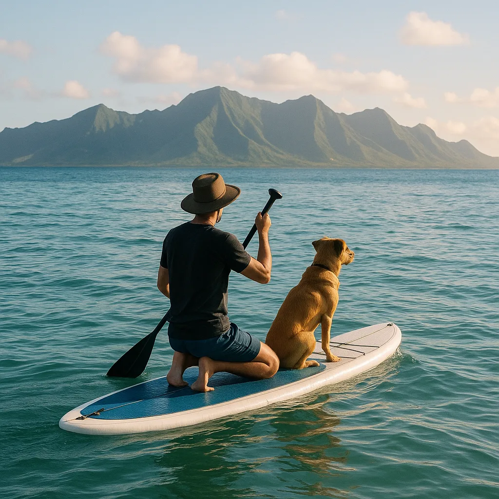 Person and a Dog on a Paddleboard in the Ocean