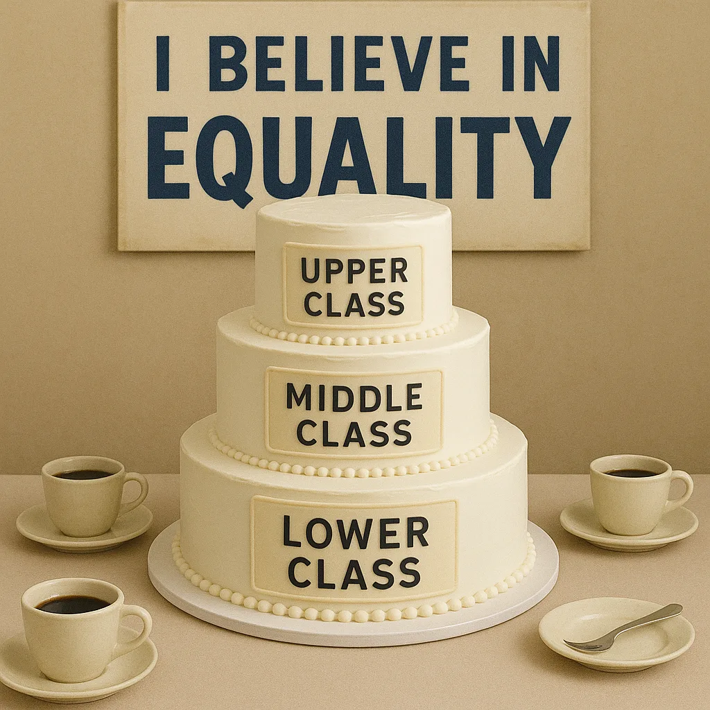 Tiered Cake Labeled with Societal Groups Is Displayed