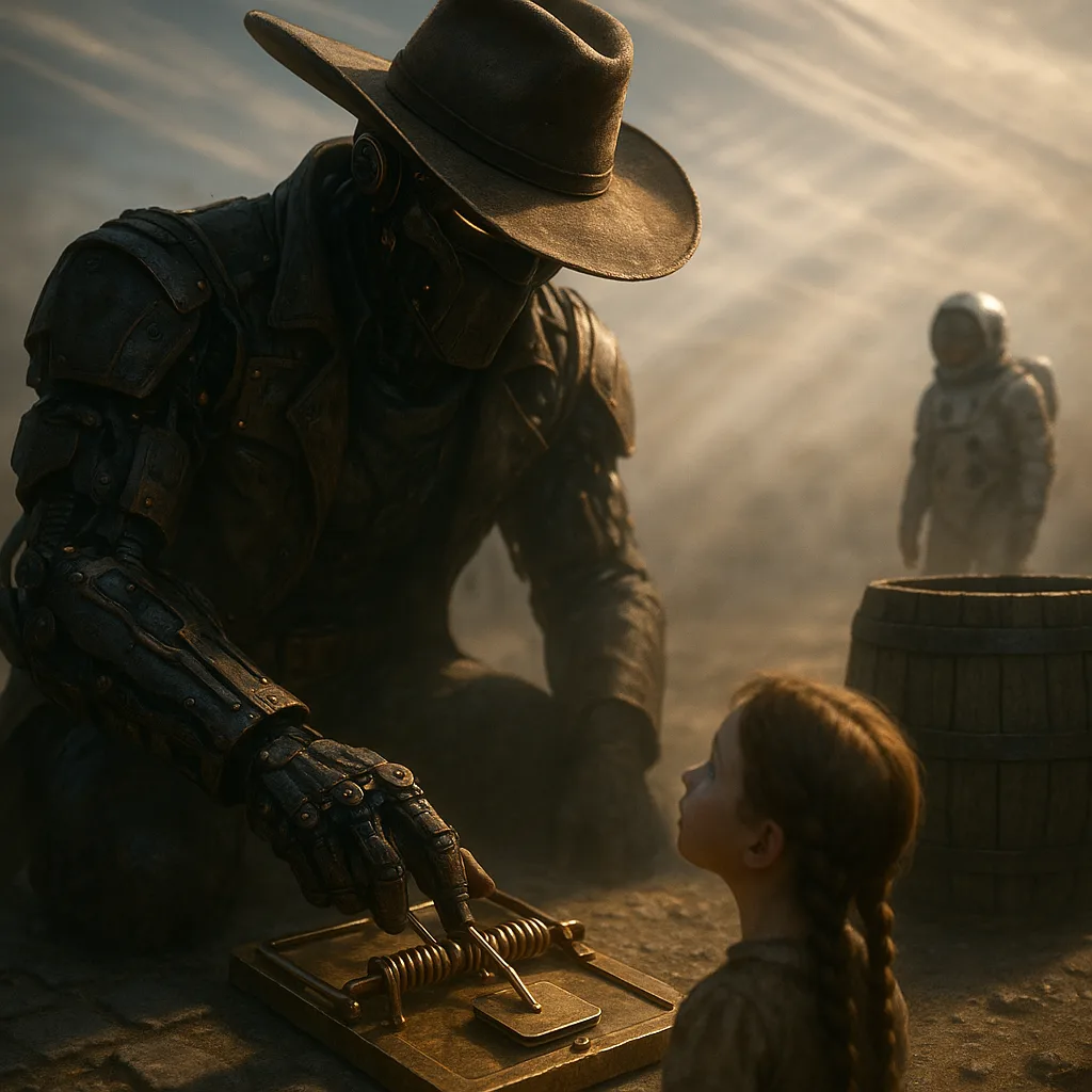 Giant Cyberpunk Cowboy Adjusts a Brass and Copper Mousetrap