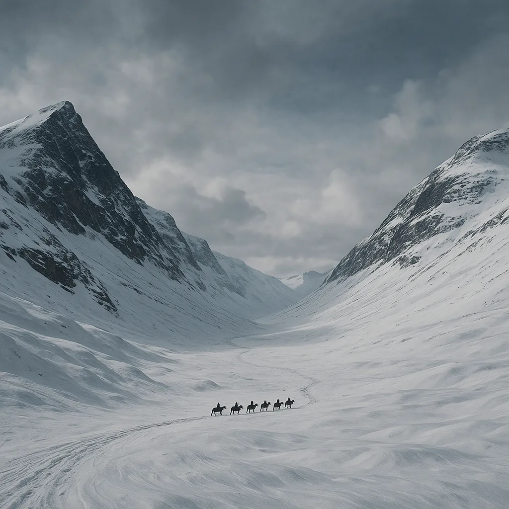 Tiny String of Distant Riders on Horseback Traverses a Monumental