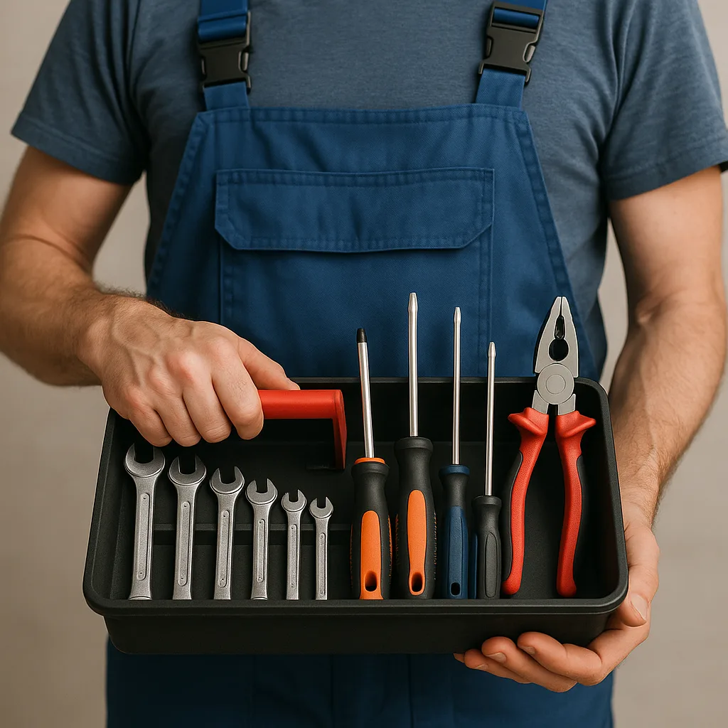 Person Wearing Blue Overalls Holding a Toolbox Containing Tools