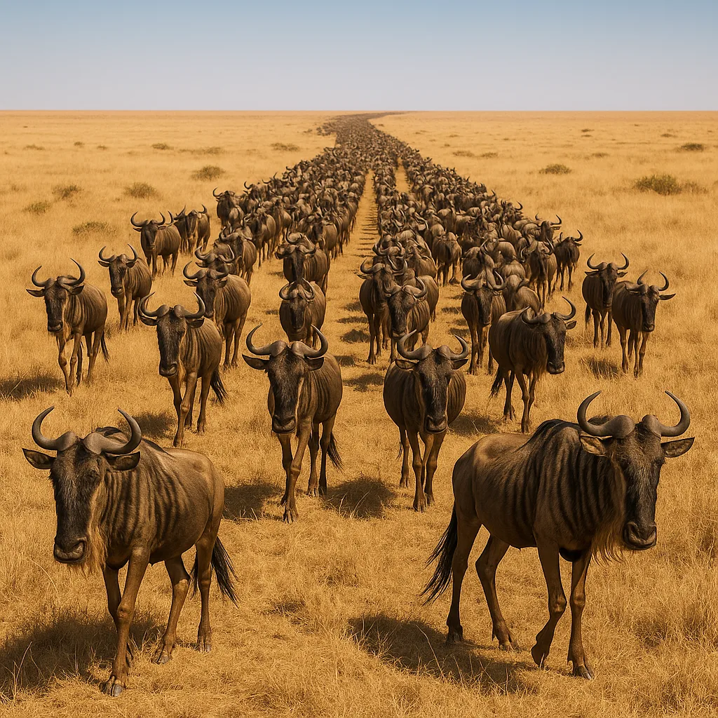 Dense Procession of Countless Wildebeest Stretches Across an Expansive