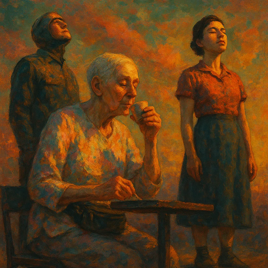Three Figures Share a Scene under a Toxic