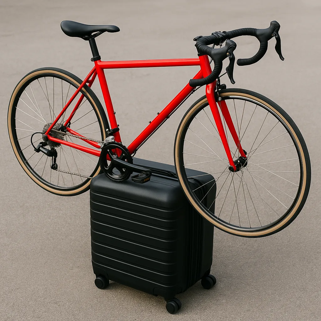 Picture Showing a Suitcase with a Bicycle Placed on It