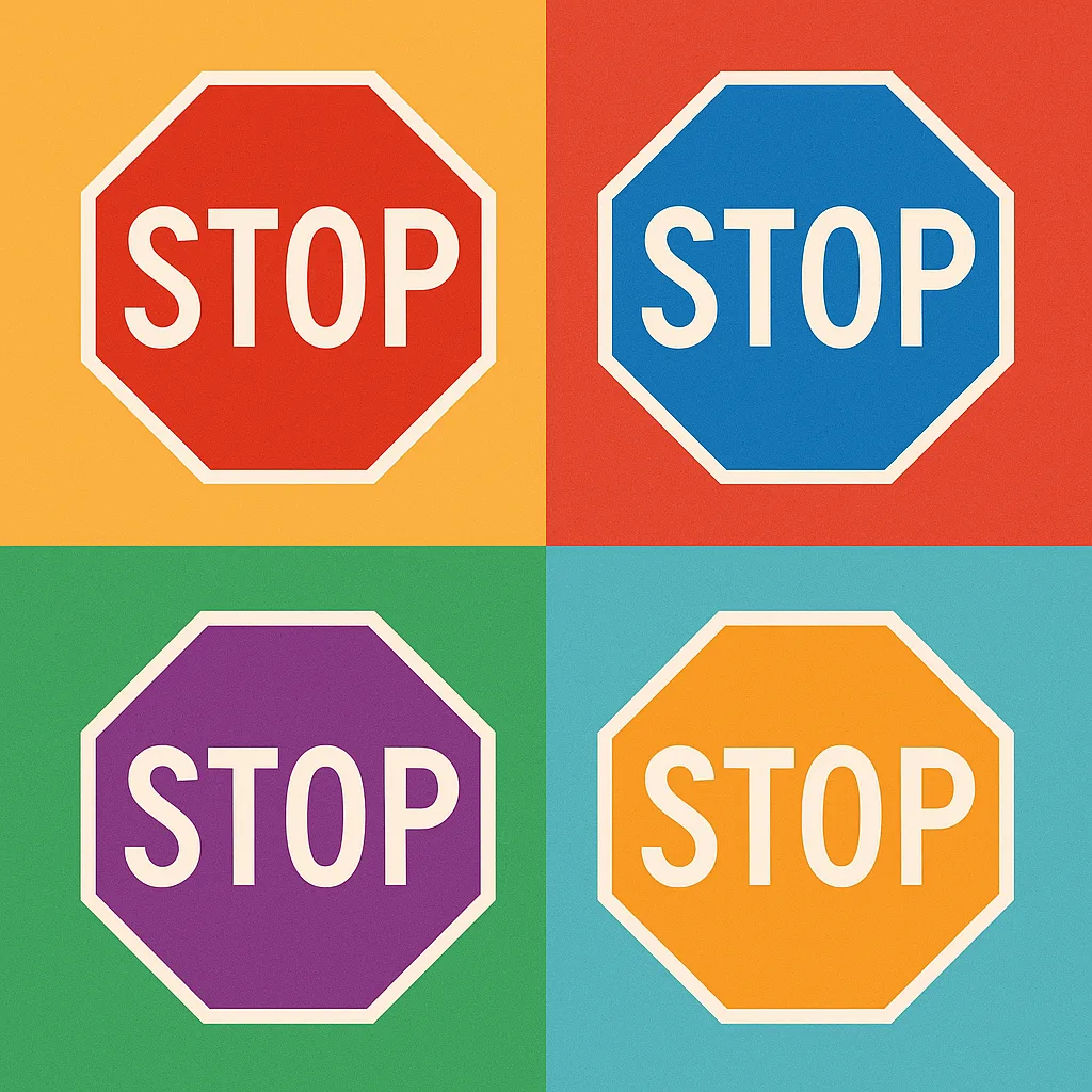 Four Vibrant Stop Signs Positioned in a Diamond-shaped Configuration