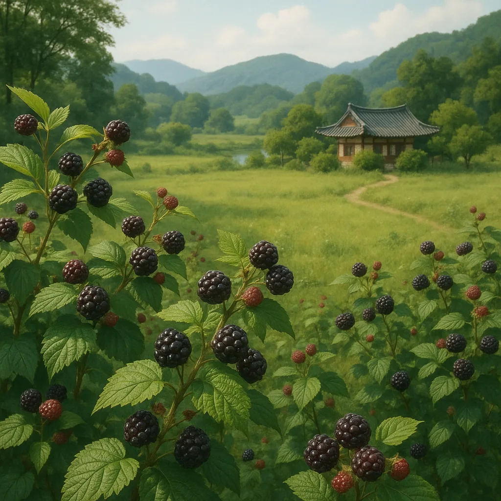 Peaceful Rural Landscape Featuring Korean Black Raspberries