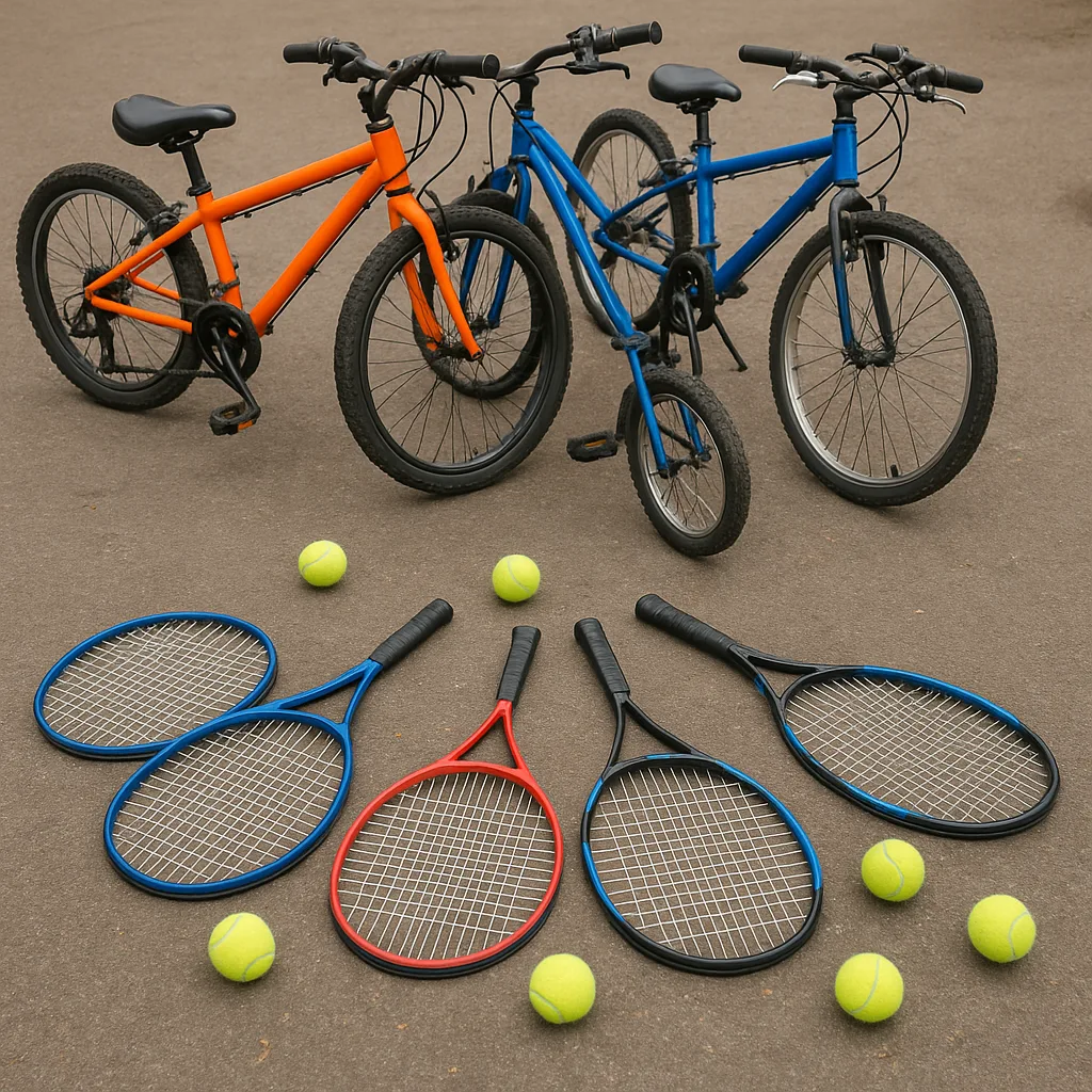 Actual Setting That Includes Four Bikes Alongside Six Tennis Balls