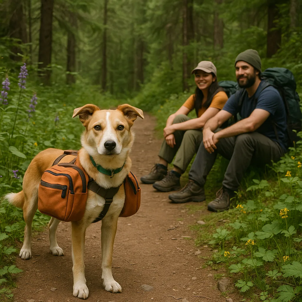 Dog with a Backpack Stands on a Forest Trail