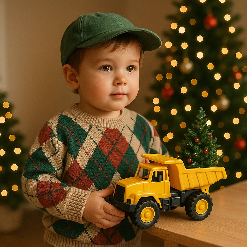 Young Child Wearing a Green Cap and an Argyle Sweater