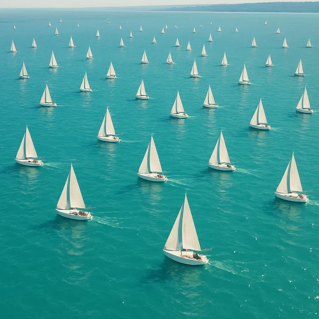 Fleet of Numerous Tiny Sailboats Glides Across a Vast