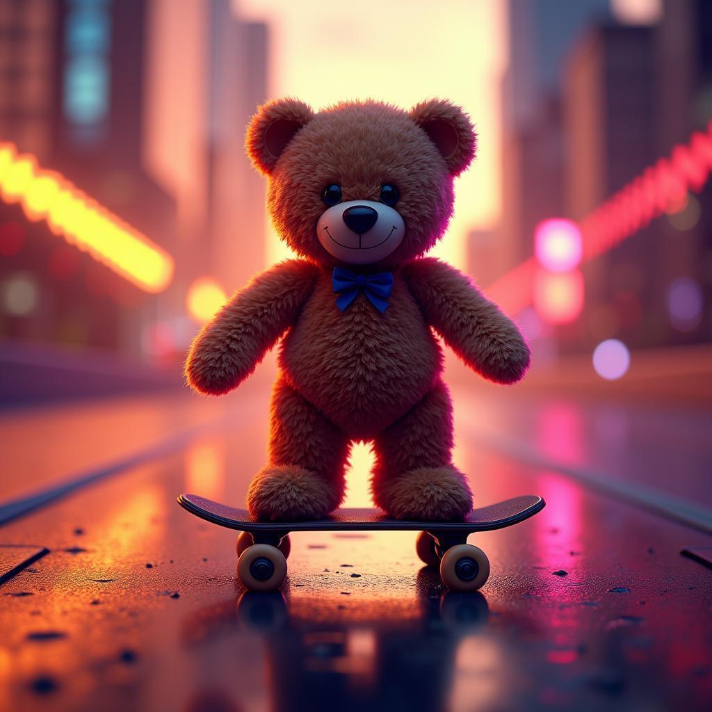 Teddy Bear Skateboarding Through Neon Glow