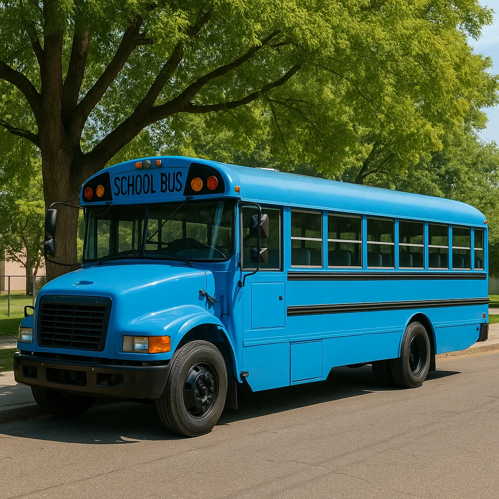 Lifelike Image Depicting a Vibrant Blue School Bus Stationed Close