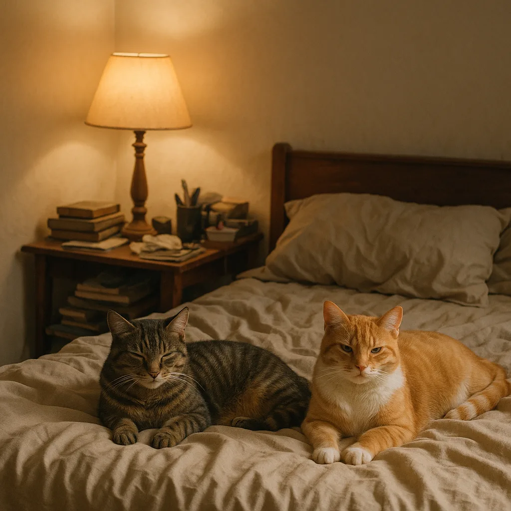 Two Cats Resting on an Unmade Bed in a Cozy