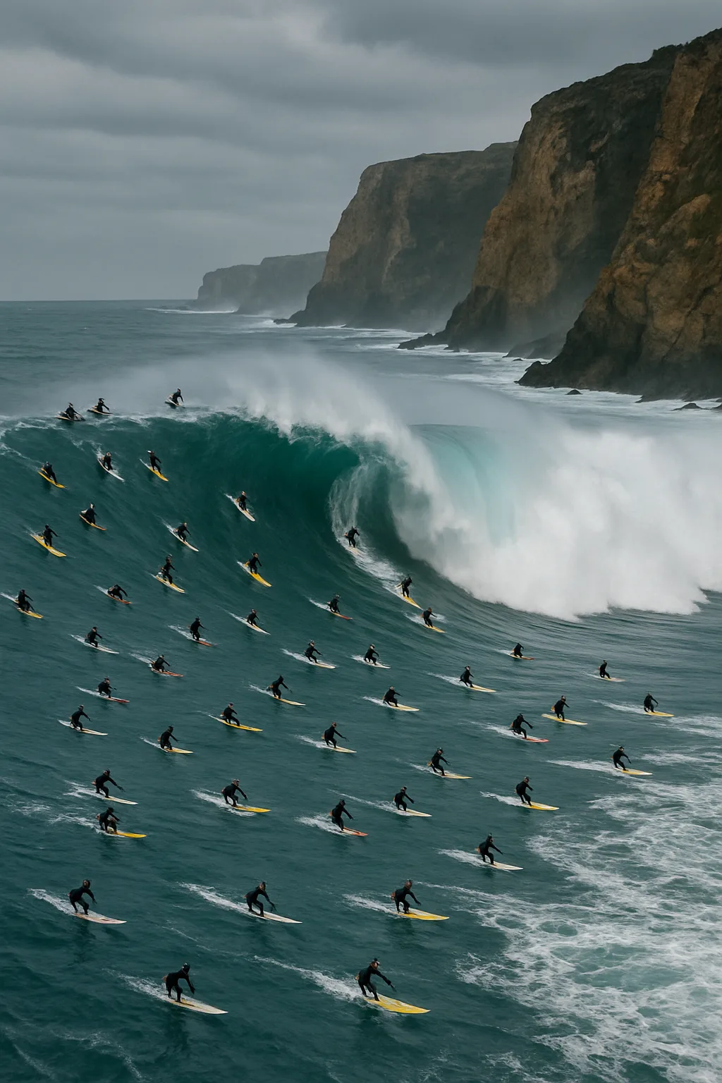 Numerous Tiny Surfers Ride Colossal Waves