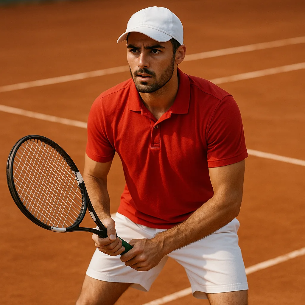 Tennis Player Wearing a Red Polo Shirt and White Shorts
