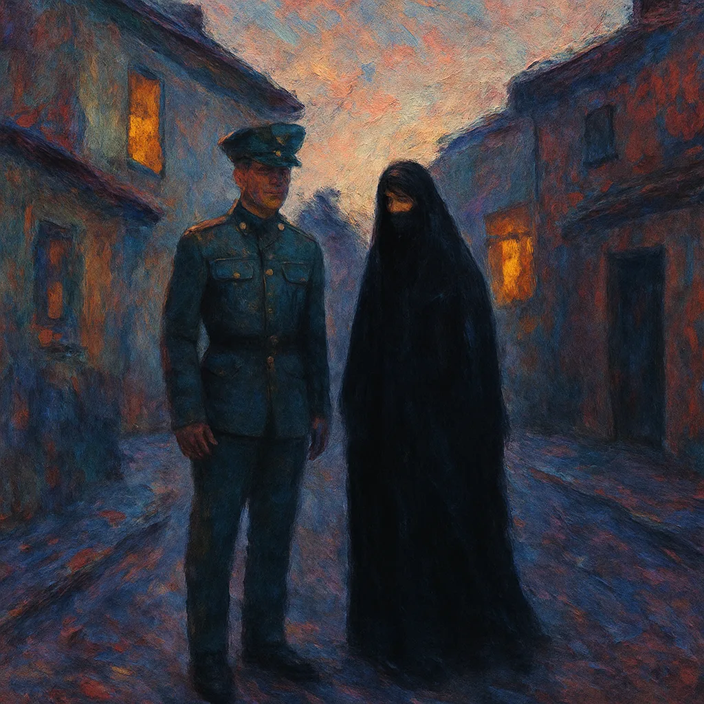 Military Uniform and Abaya Figures on a Dusky Cul-de-sac