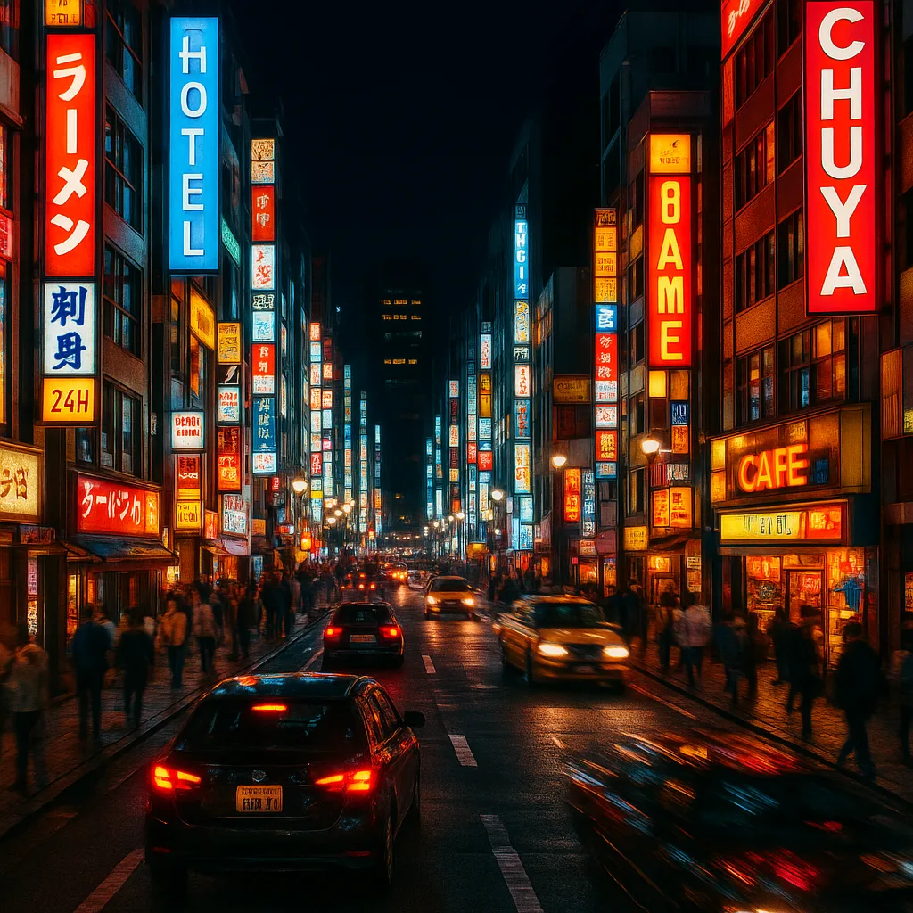 Bustling City Street at Night Featuring Illuminated Signs