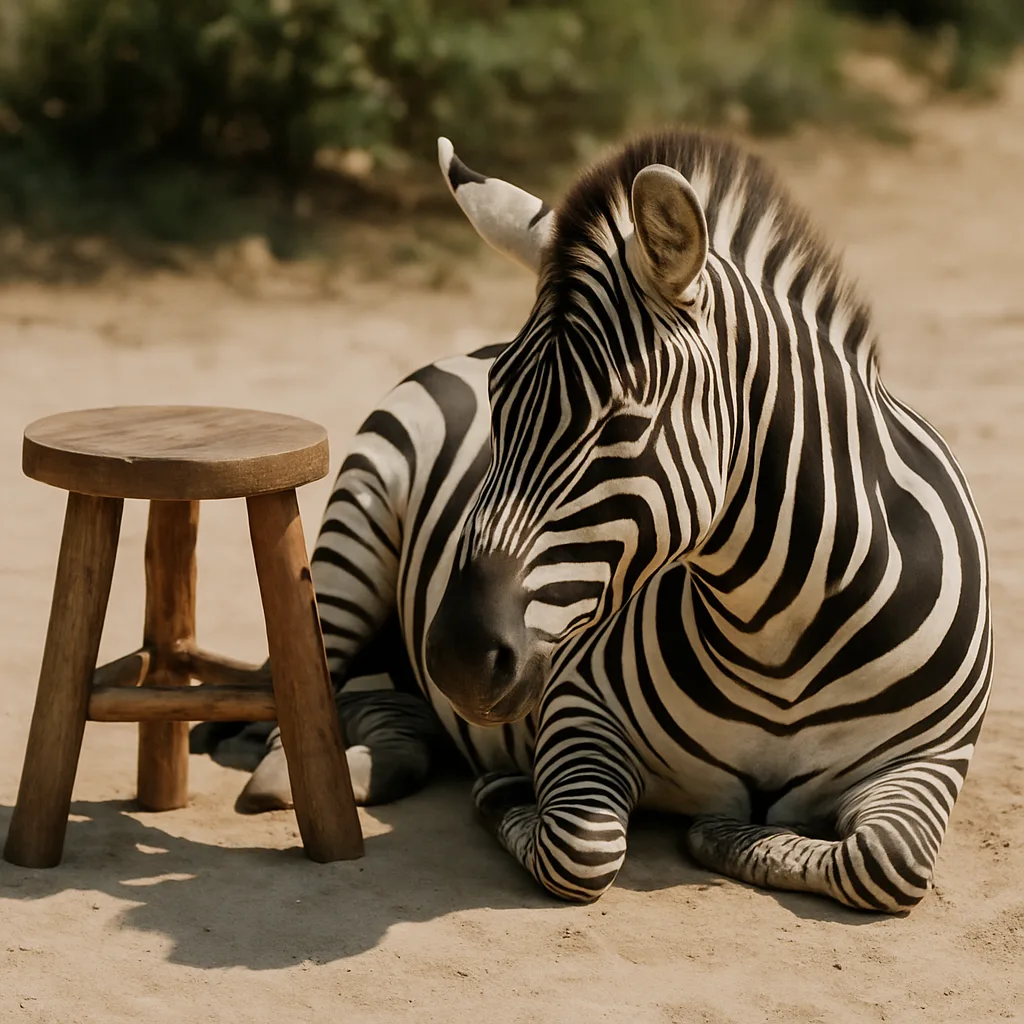 Resting Zebra with a Wooden Stool