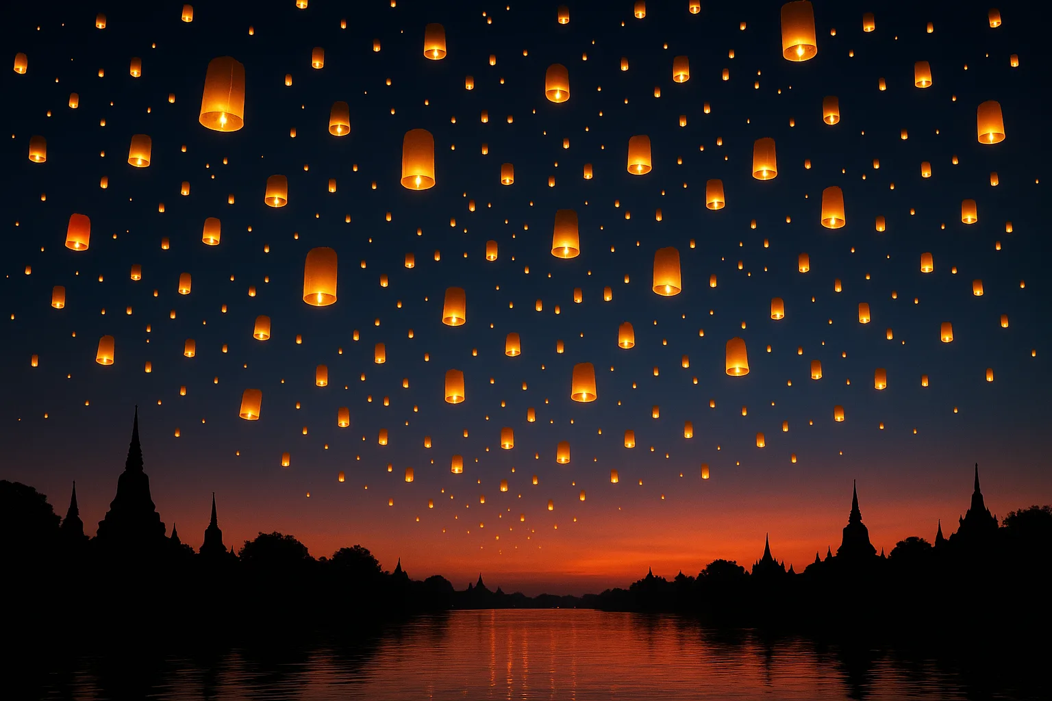 Thousands of Distant Paper Lanterns Ascend into a Twilight Sky