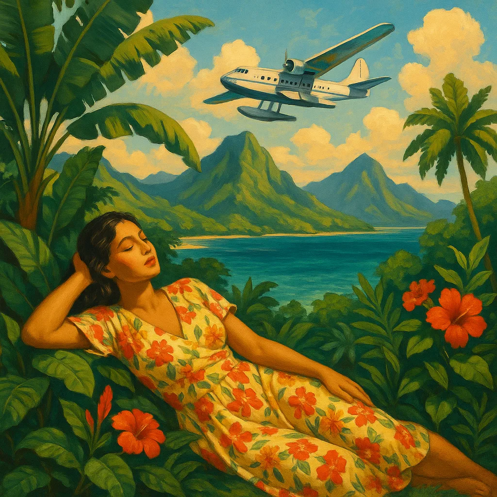 Tropical Scene Featuring a Reclining Woman in a Floral Dress