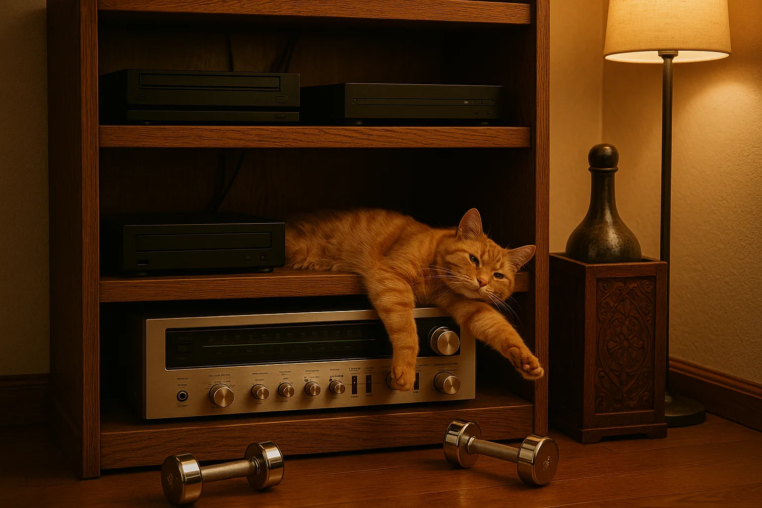 Dark Oak Shelf Holds an Assortment of Electronics