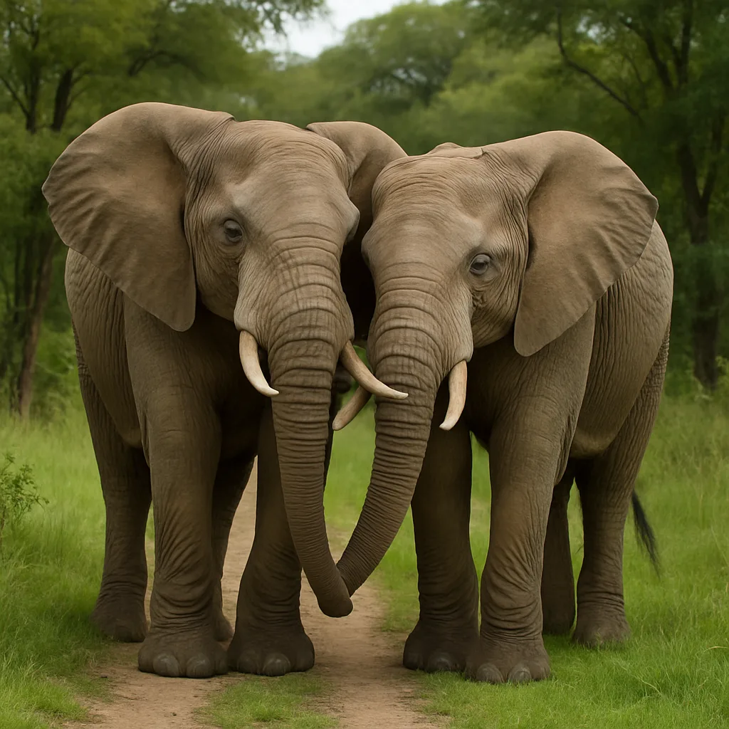 Two Elephants Standing Close Together on a Grassy Path