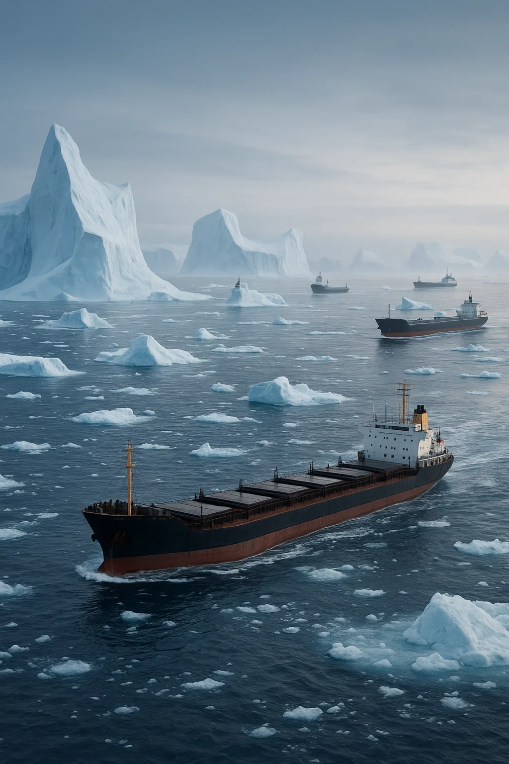 Several Distant Cargo Ships Navigate a Treacherous