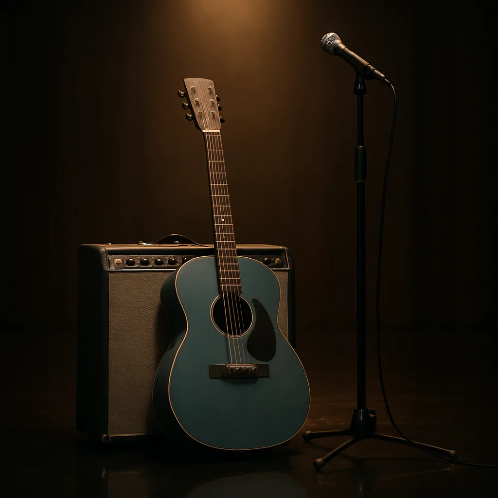 Vintage Blue Guitar with a Soft Matte Texture Leans Delicately