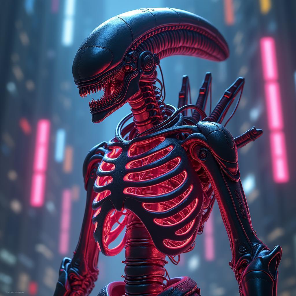 Neon Xenomorph Skeleton in a Future City