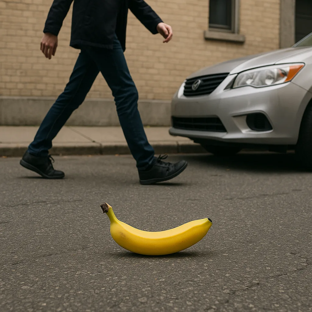 Lone Banana Positioned in the Space Between a Pedestrian